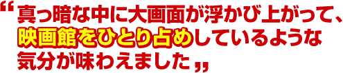 真っ暗な中に大画面が浮かび上がって、映画館をひとり占めしているような気分が味わえました