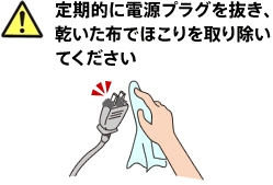 定期的に電源プラグを抜き、乾いた布でほこりを取り除いてください