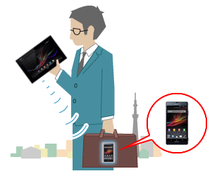 スマートフォンとテザリングをして、外出先でタブレットを利用しているイラスト