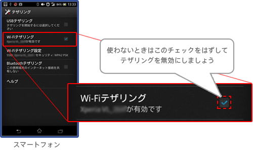 スマートフォンのWi-Fiテザリング画面