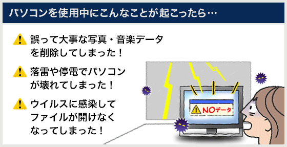 パソコンを使用中にこんなことが起こった… 誤って大事な写真・音楽データを削除してしまった! 落雷や停電でパソコンが壊れてしまった! ウイルスに感染してファイルが開けなくなってしまった! そんな不測の事態に備えて、定期的にバックアップを行っておけば いざというときに、データを復元できるので安心です。
