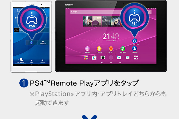 (1)PS4™ Remote Playアプリをタップ※PlayStationアプリ内・アプリトレイどちらからも起動できます