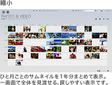 縮小 ひと月ごとのサムネイルを1年分まとめて表示。一画面で全体を見渡せる、探しやすい表示です。