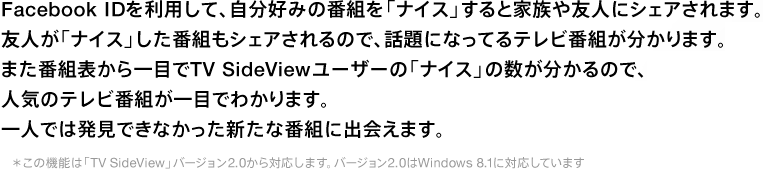 Facebook IDを利用して、自分好みの番組を「ナイス」すると家族や友人にシェアされます。友人が「ナイス」した番組もシェアされるので、話題になってるテレビ番組が分かります。また番組表から一目でTV SideViewユーザーの「ナイス」の数が分かるので、人気のテレビ番組が一目でわかります。一人では発見できなかった新たな番組に出会えます。