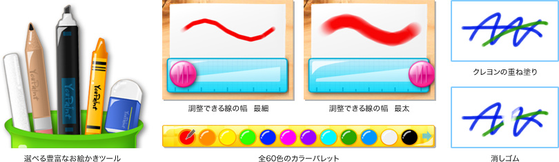 さまざまなお絵かきツールと60色から選べるカラー