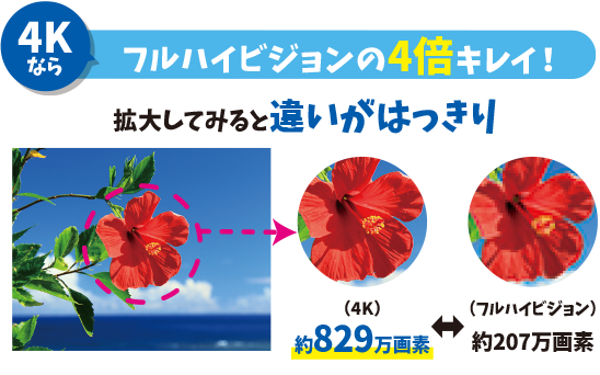 4Kならフルハイビジョンの4倍キレイ!